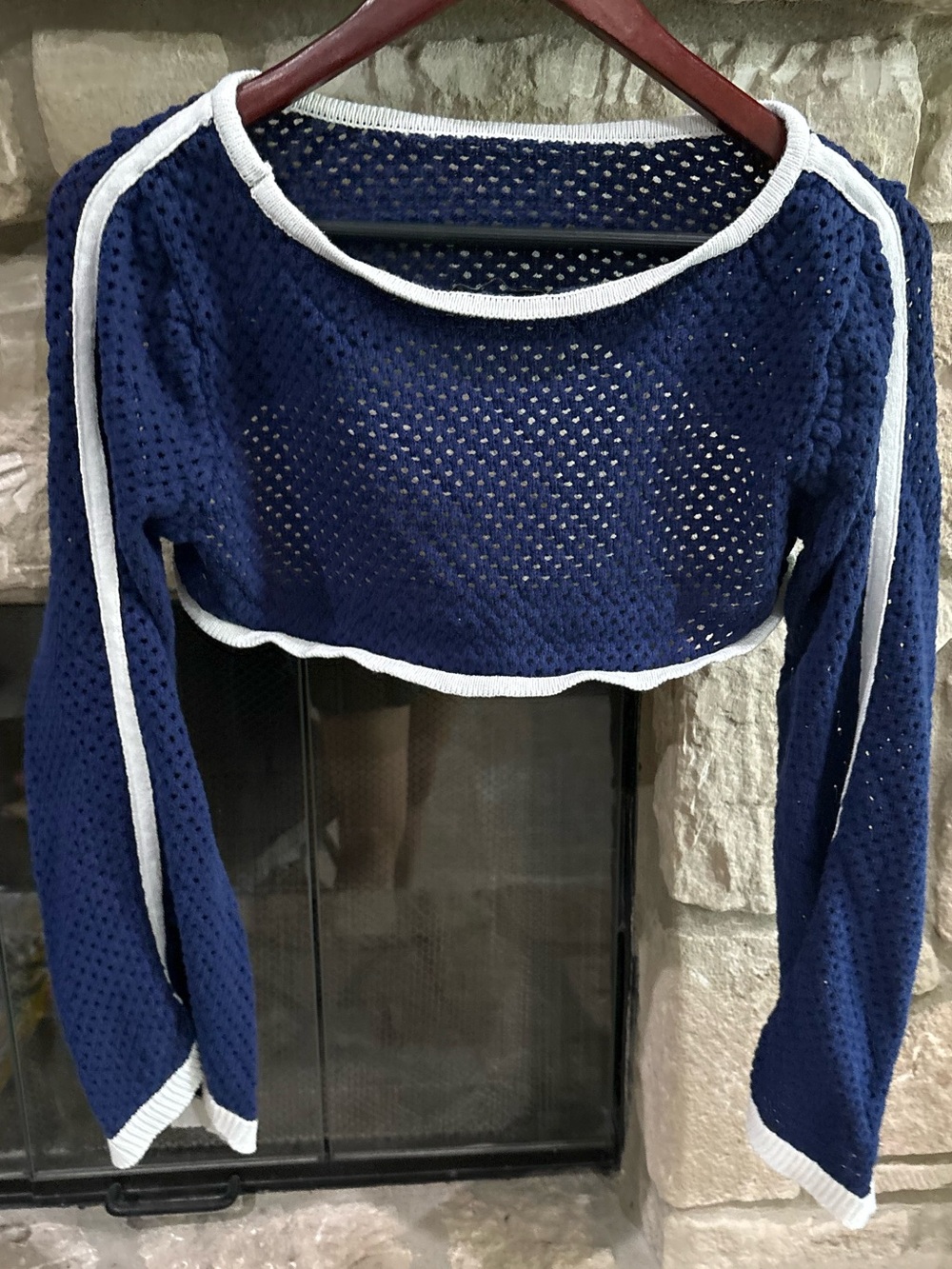 Forever 21 Navy Open-Knit Cropped Off-Shoulder Sweater with White Trim